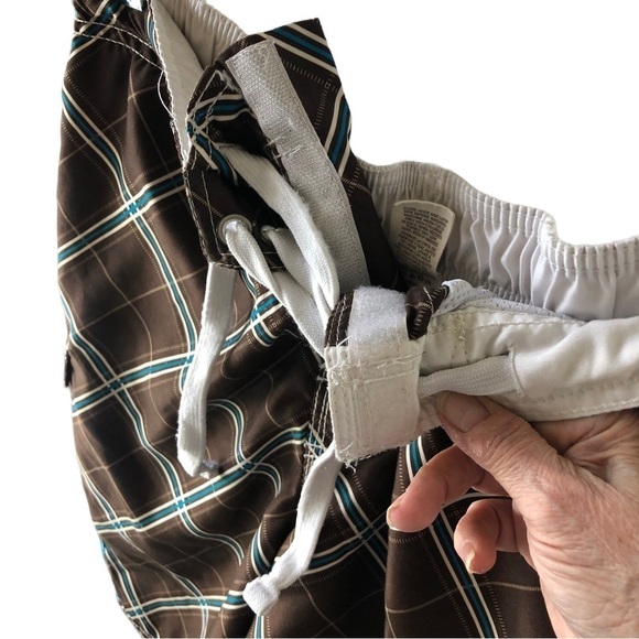 OP Board Shorts Swim Trunks Men L 36 38 Brown White Teal Plaid Mesh Lining - Picture 2 of 9